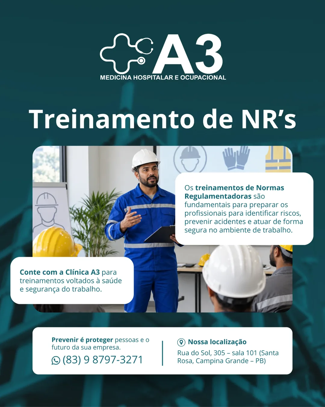 Peça da Clínica A3 sobre treinamento de NRs e segurança do trabalho