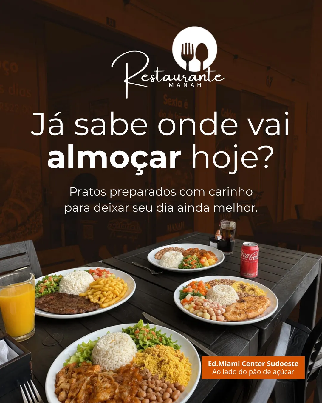 Peça de divulgação do Restaurante Manah convidando para o almoço
