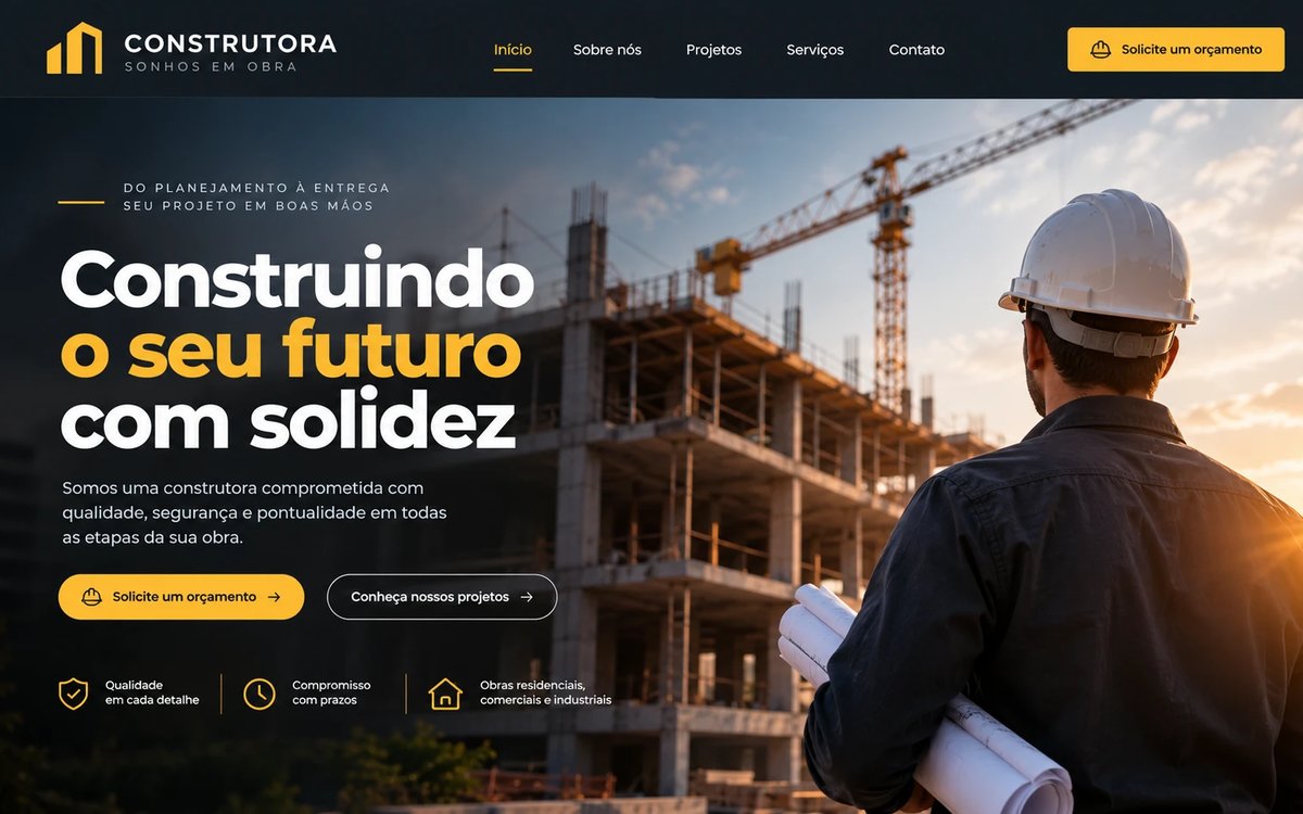 Modelo de site para construtoras, com visual escuro e destaque em amarelo