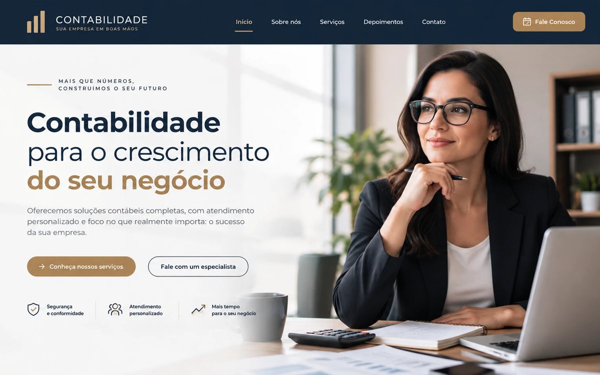 Modelo de site para escritórios de contabilidade, com azul-marinho e detalhes em dourado