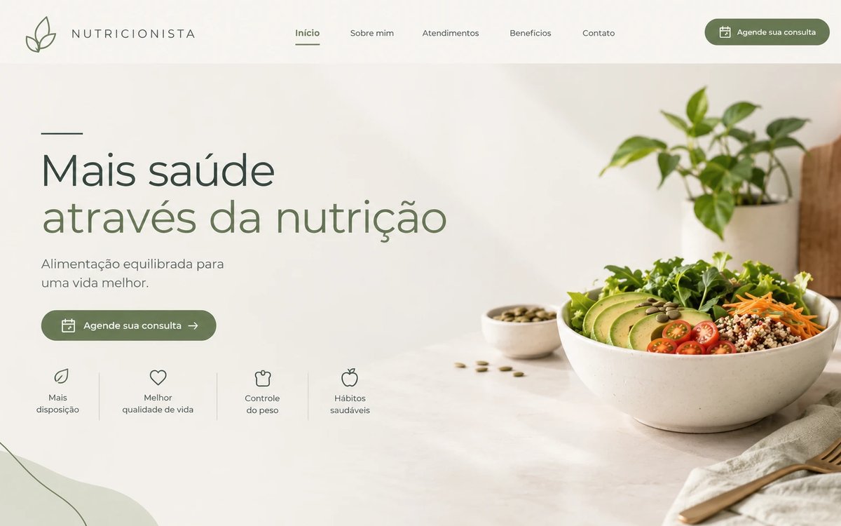 Modelo de site para nutricionistas, com tons de verde e foco em agendamento de consultas